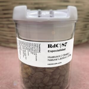Frasco de café de especialidad Huatusco Obatá Natural Láctico 87 SCA de Raíz de Café
