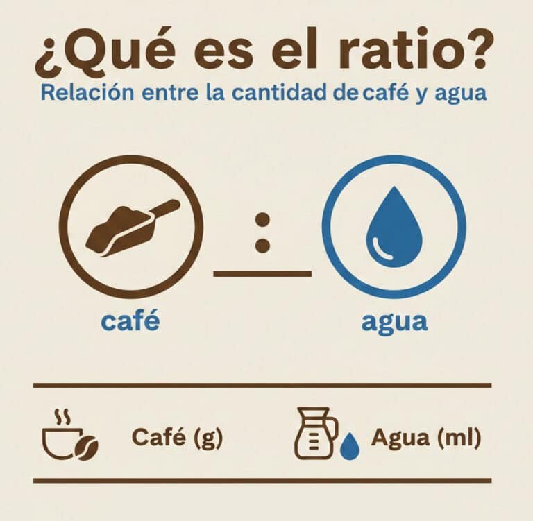 Infografía en español que muestra la proporción entre café y agua para explicar el concepto de ratio en la preparación de café.