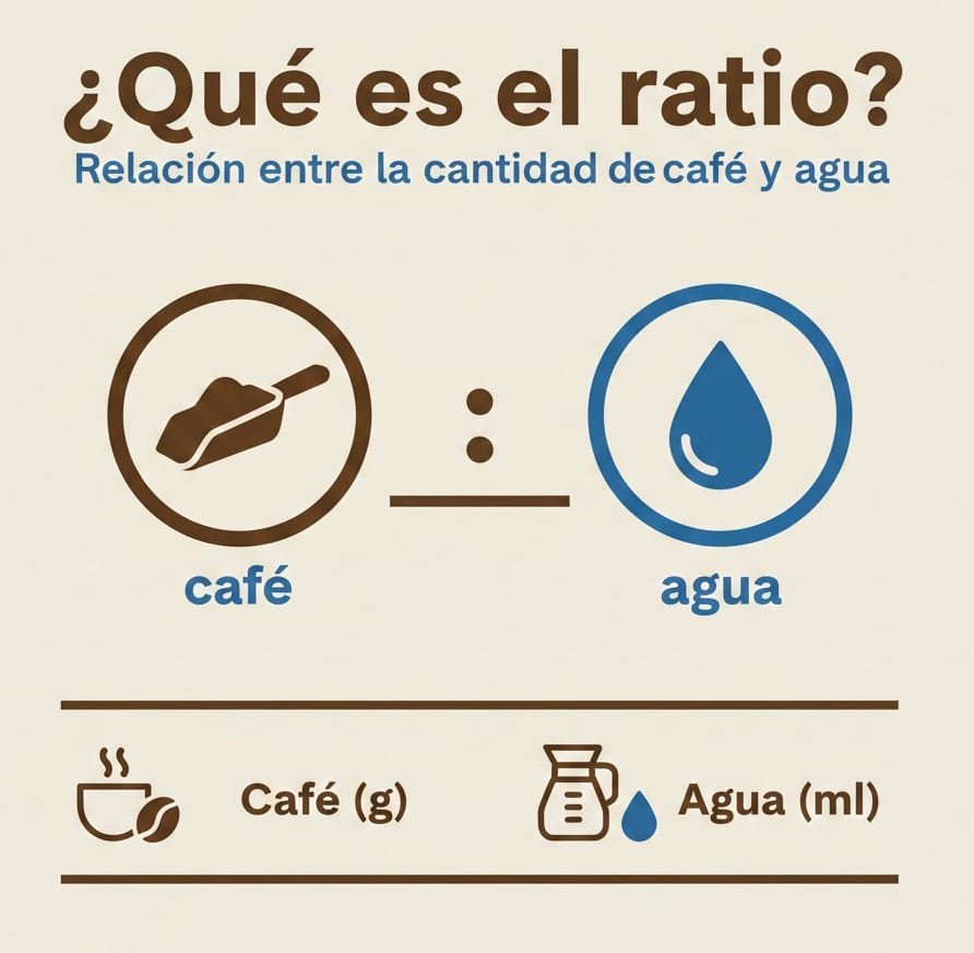 Infografía en español que muestra la proporción entre café y agua para explicar el concepto de ratio en la preparación de café.