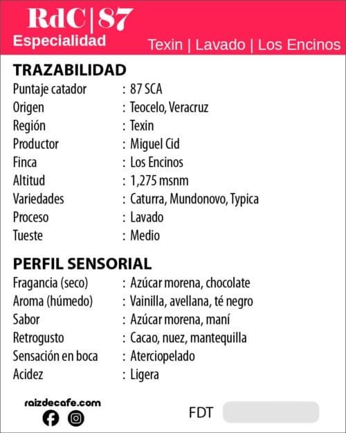 Café Texin 87SCA Ficha Técnica